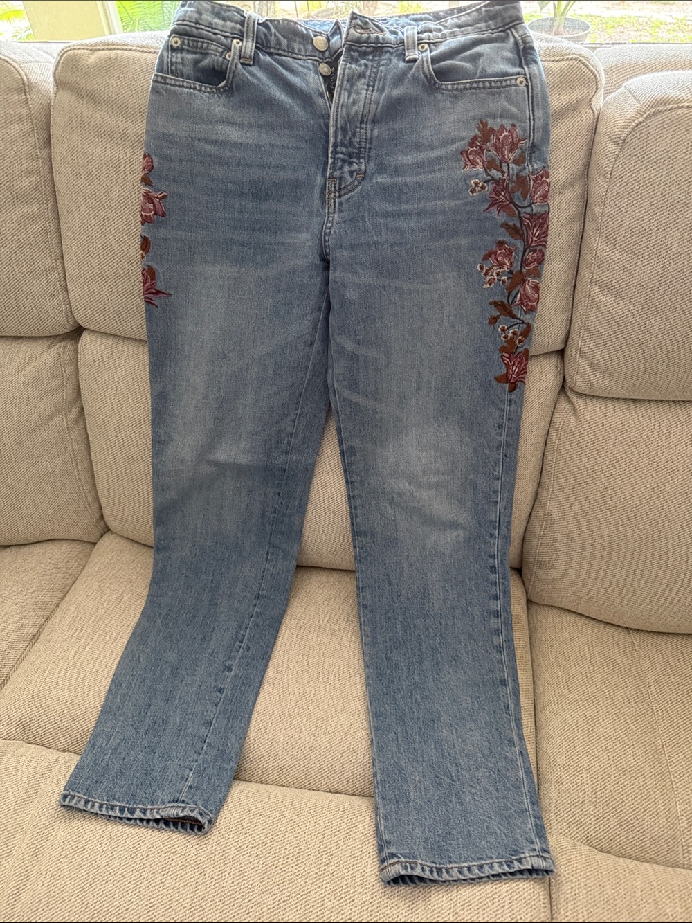 Lucky Brand Blue Straight-Leg Jeans with Burgundy Floral Embroidery
